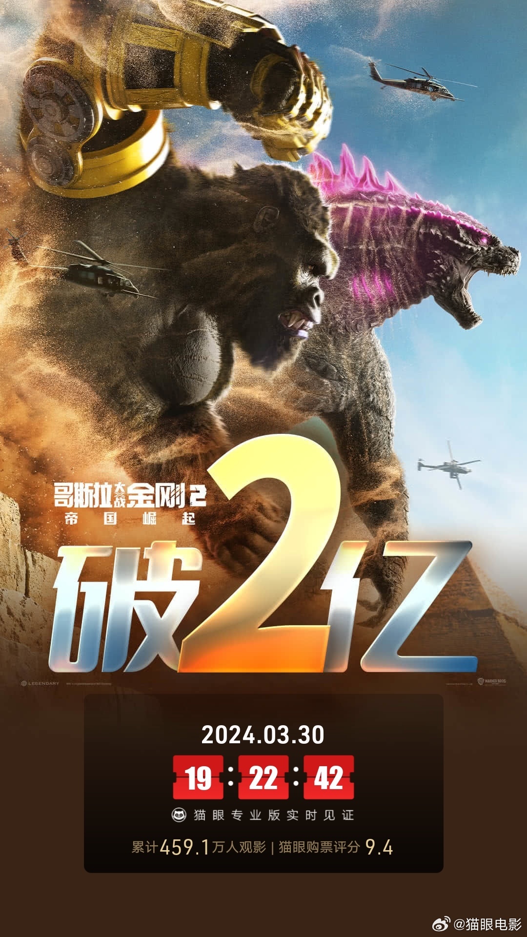 《哥斯拉大战金刚2：帝国崛起》上映2天 总票房破2亿  第1张